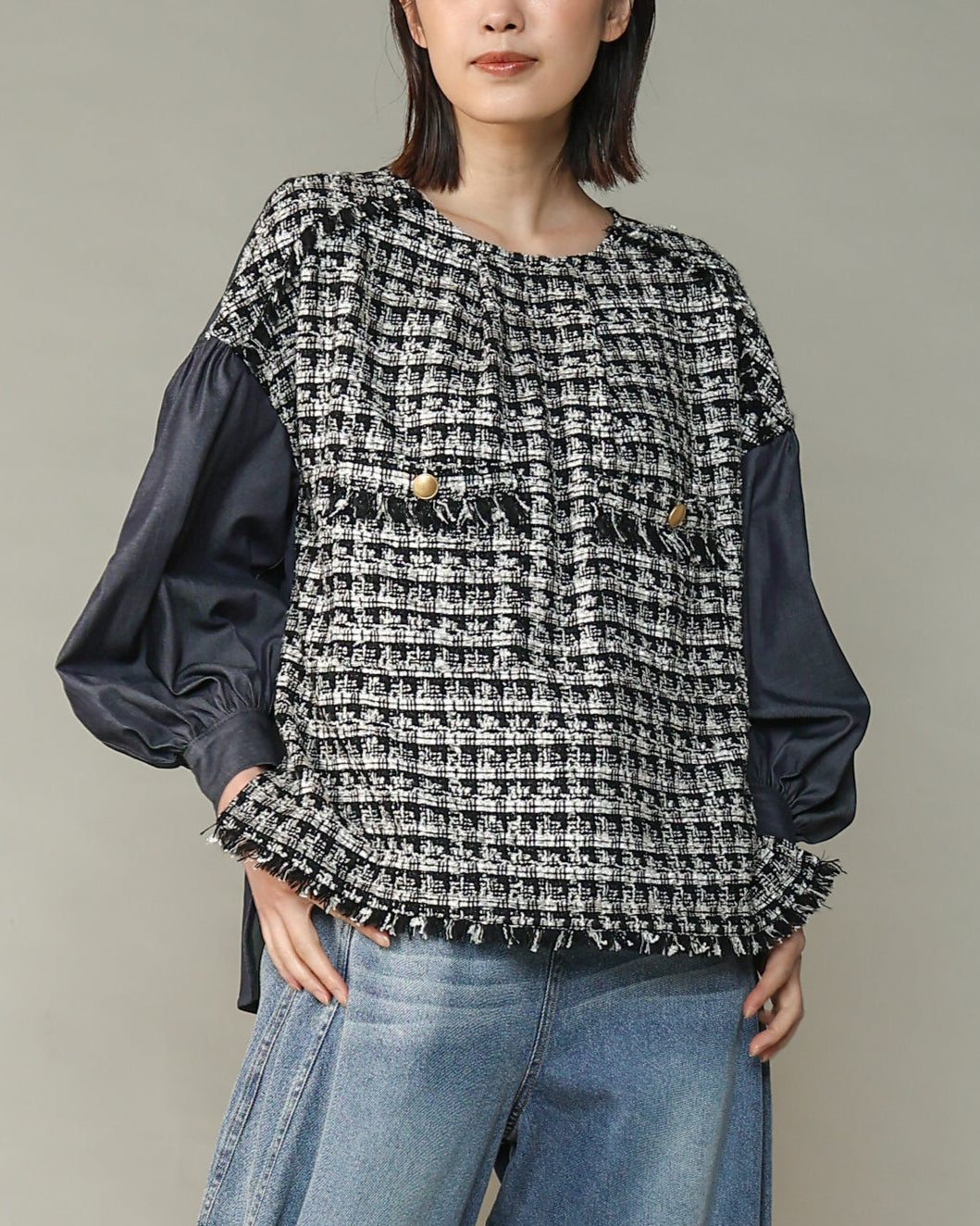 pois ポワ ブラウスT blouse tee ネイビー Border Hemla Balloon Sleeve Blouse | Pasand by ne Quittez