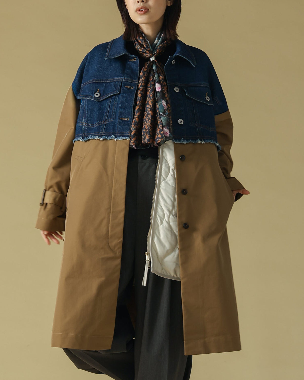 ストレッチデニム×ポリツイル 切替コート（T256-84040） – trois