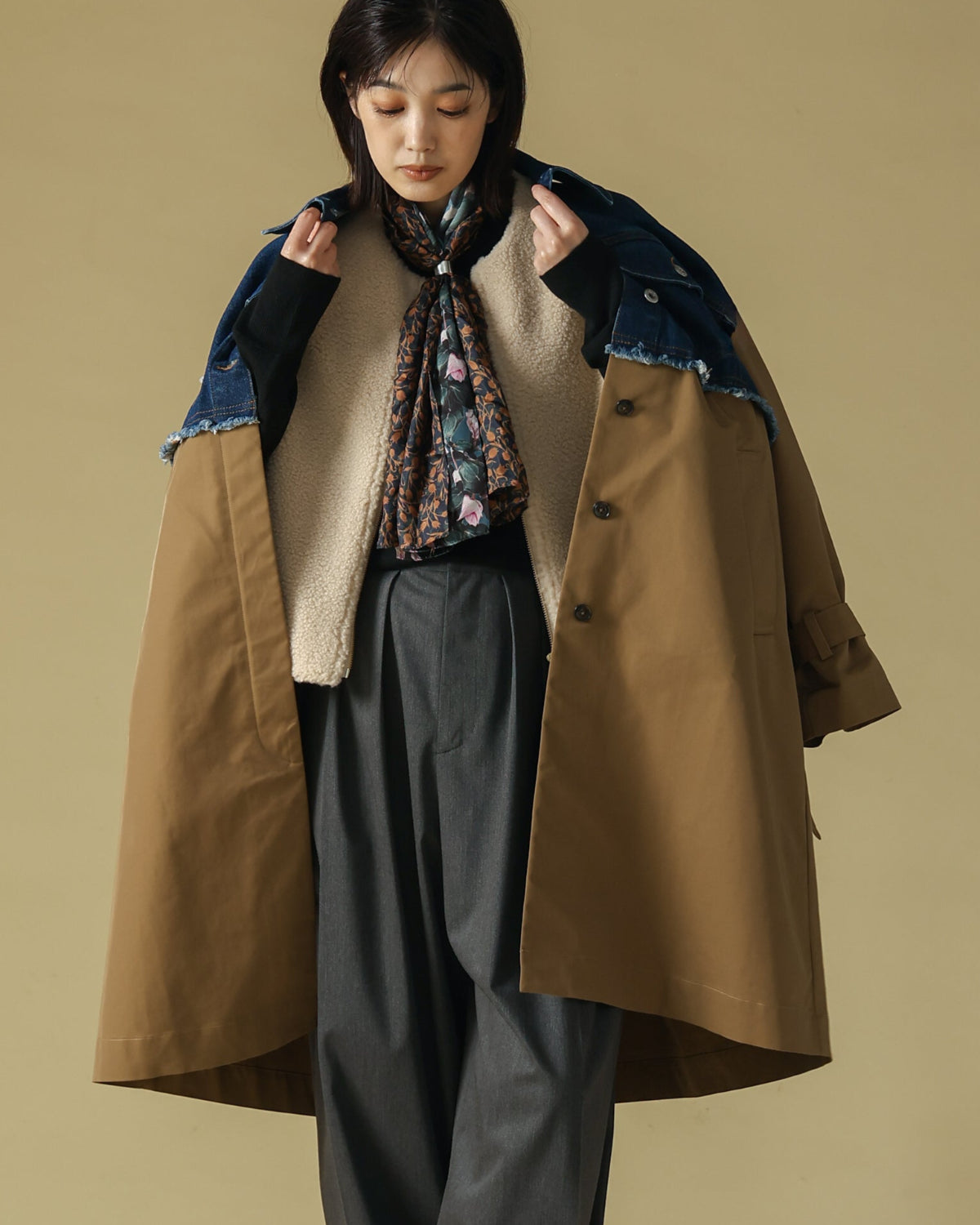 ストレッチデニム×ポリツイル 切替コート（T256-84040） – trois