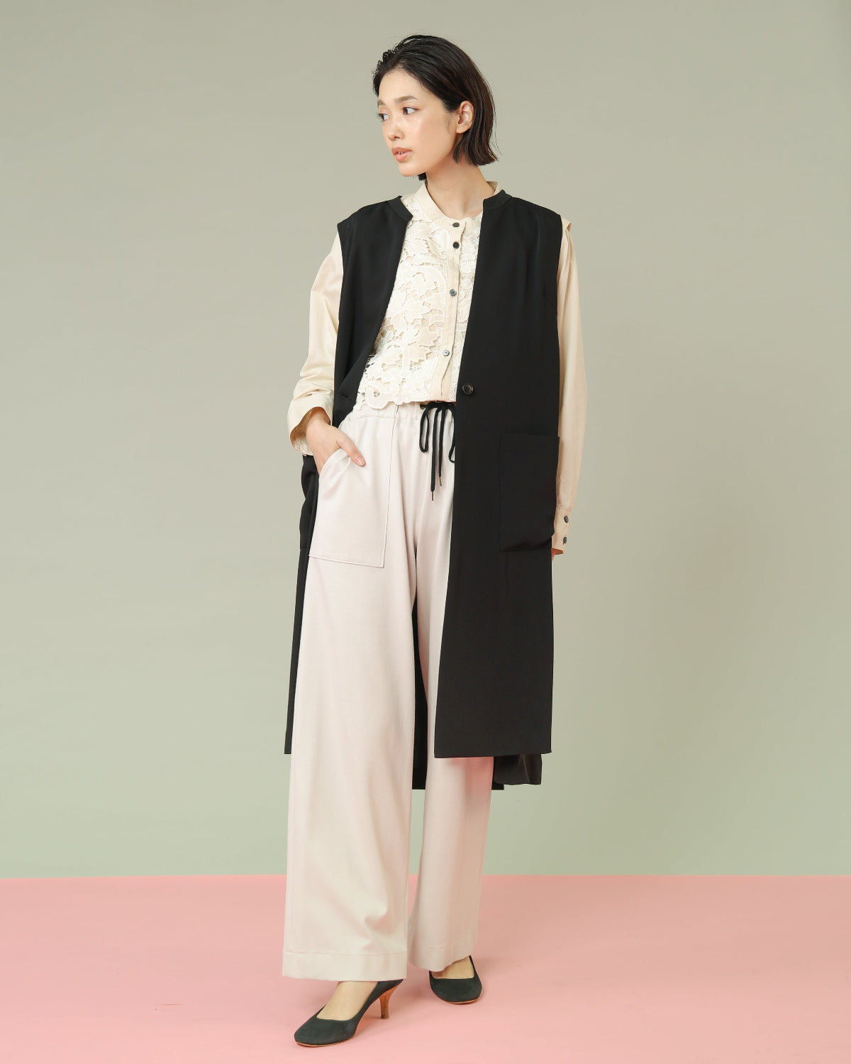 ダブルクロス ノーカラーロングジレ（T261-83004） – trois