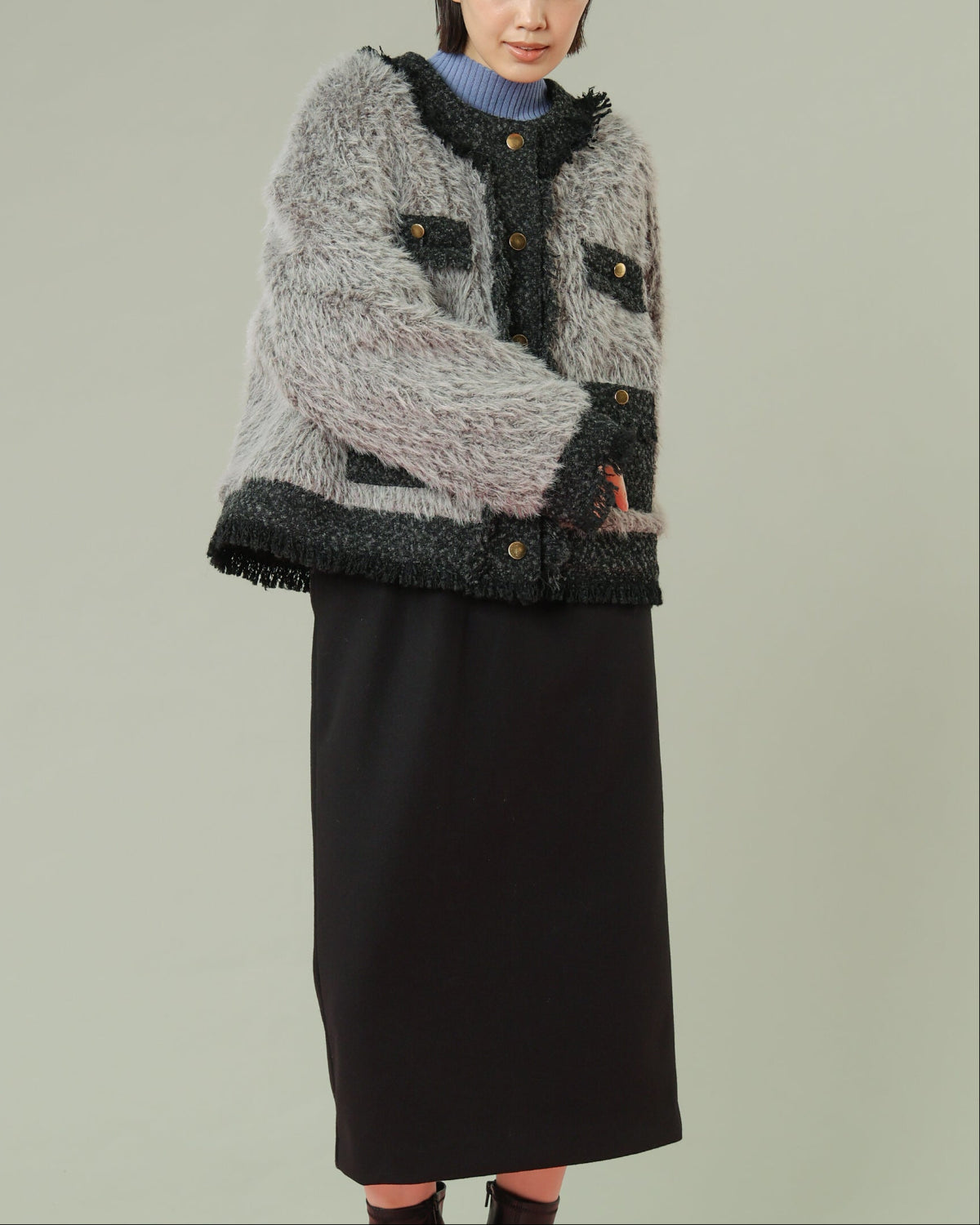 フェイクファー×ツイード ノーカラーショートジャケット（T256-83070