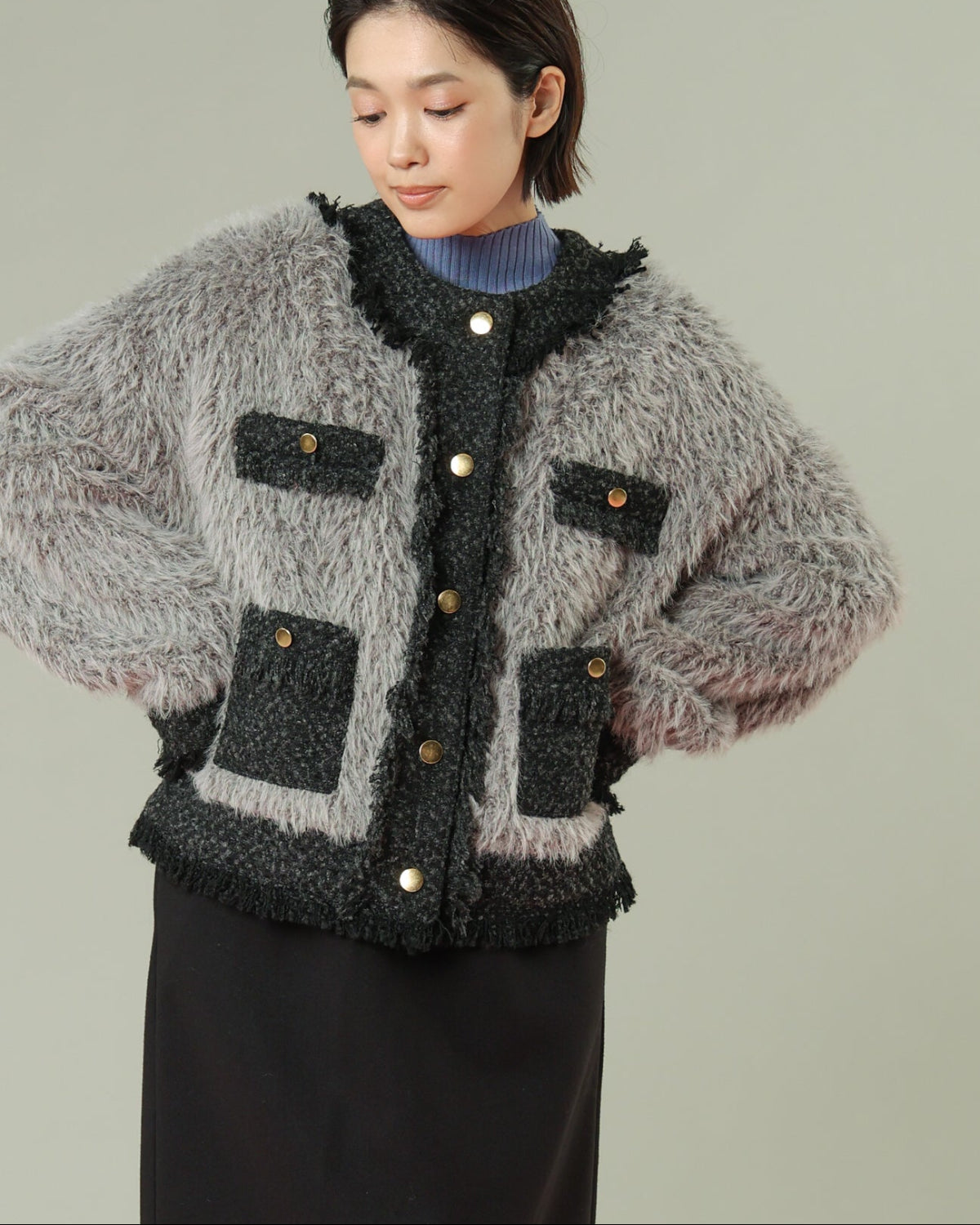 フェイクファー×ツイード ノーカラーショートジャケット（T256-83070