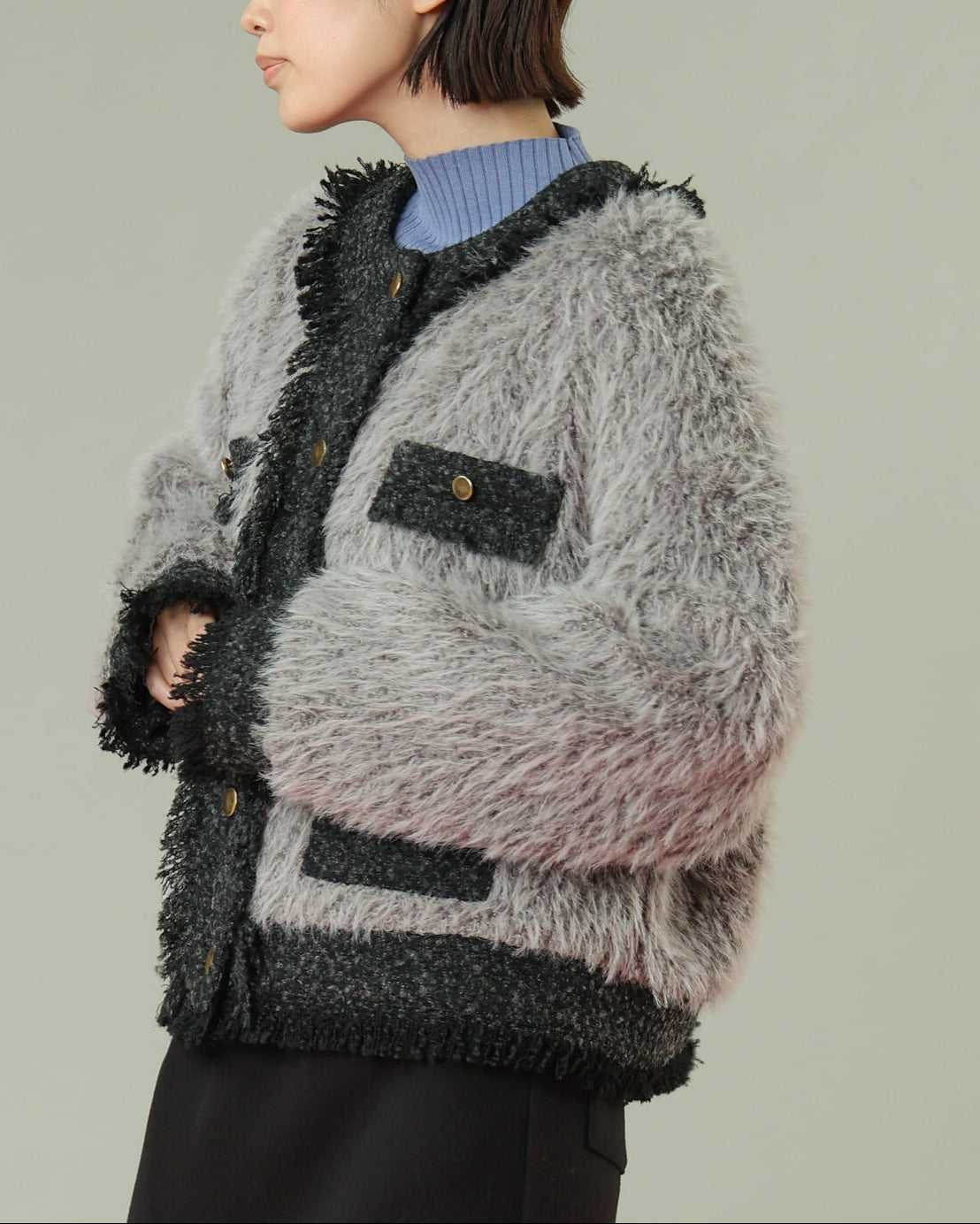 フェイクファー×ツイード ノーカラーショートジャケット（T256-83070