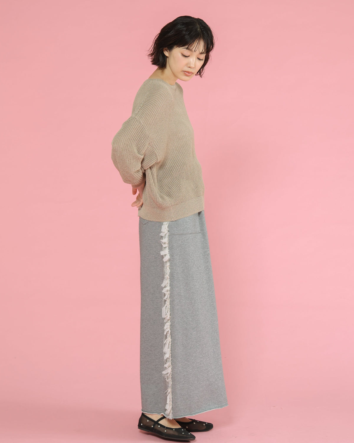 シフォンフリンジレース×裏毛 サイド切替ロングスカート（T261-86003