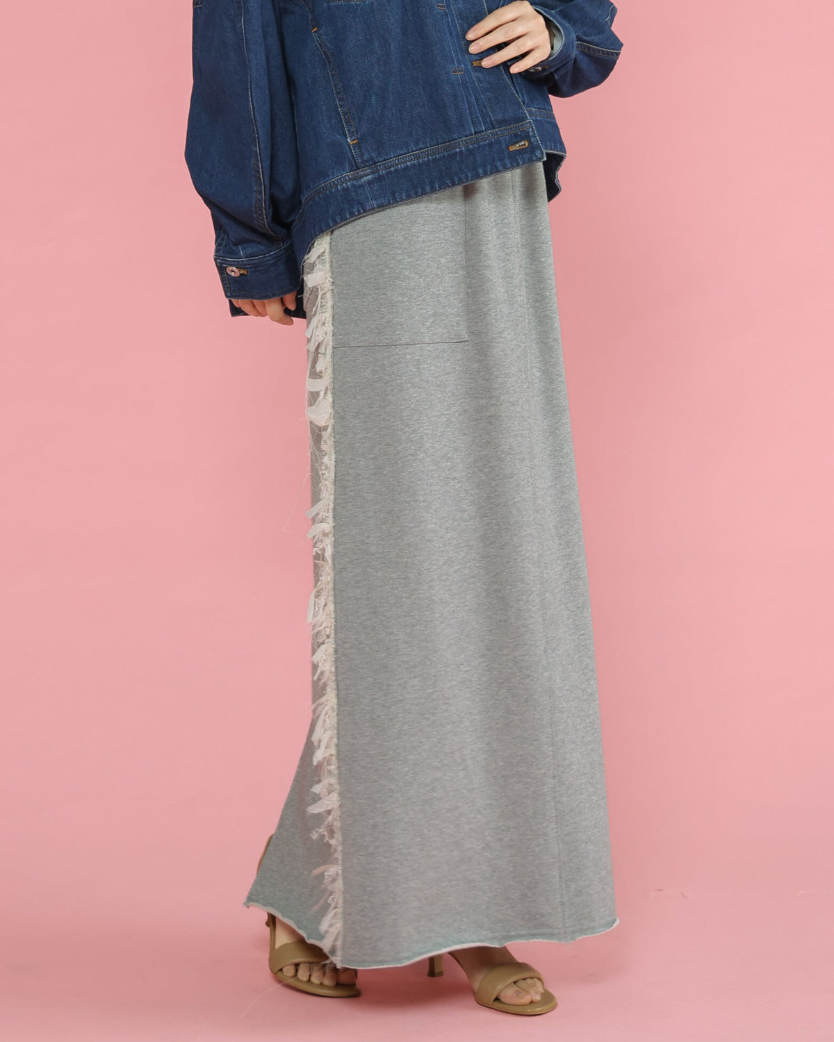 シフォンフリンジレース×裏毛 サイド切替ロングスカート（T261-86003