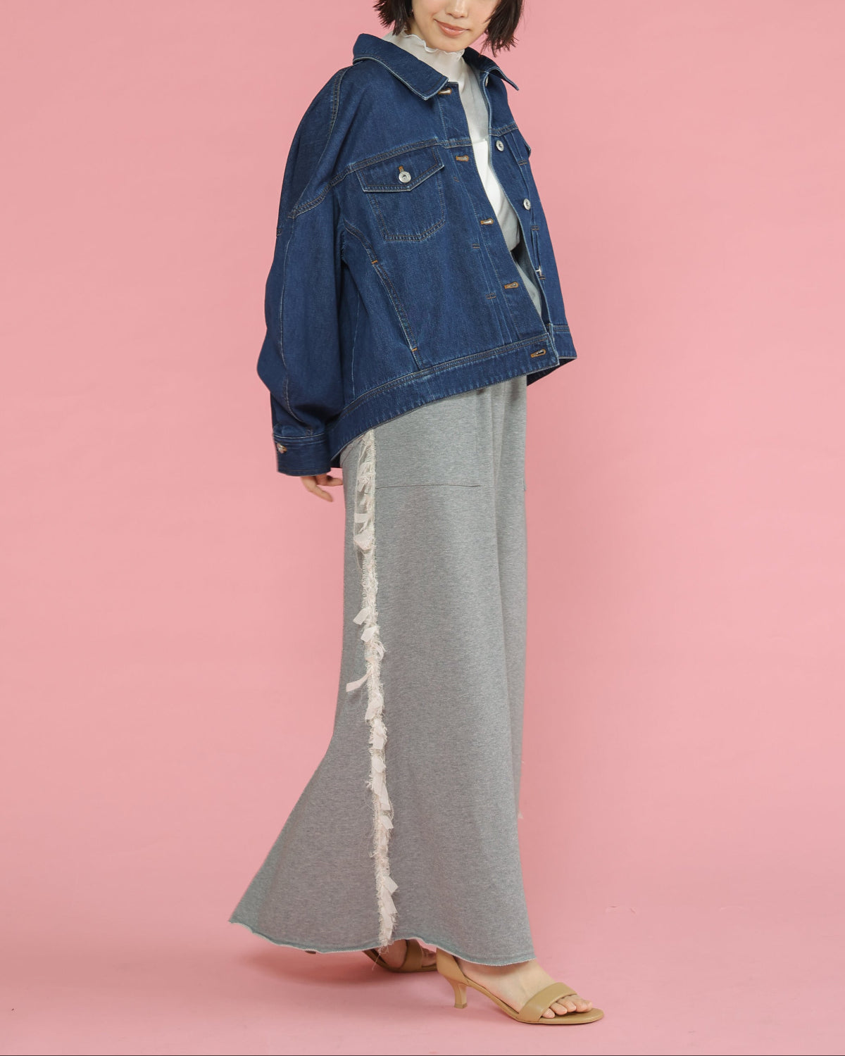 シフォンフリンジレース×裏毛 サイド切替ロングスカート（T261-86003