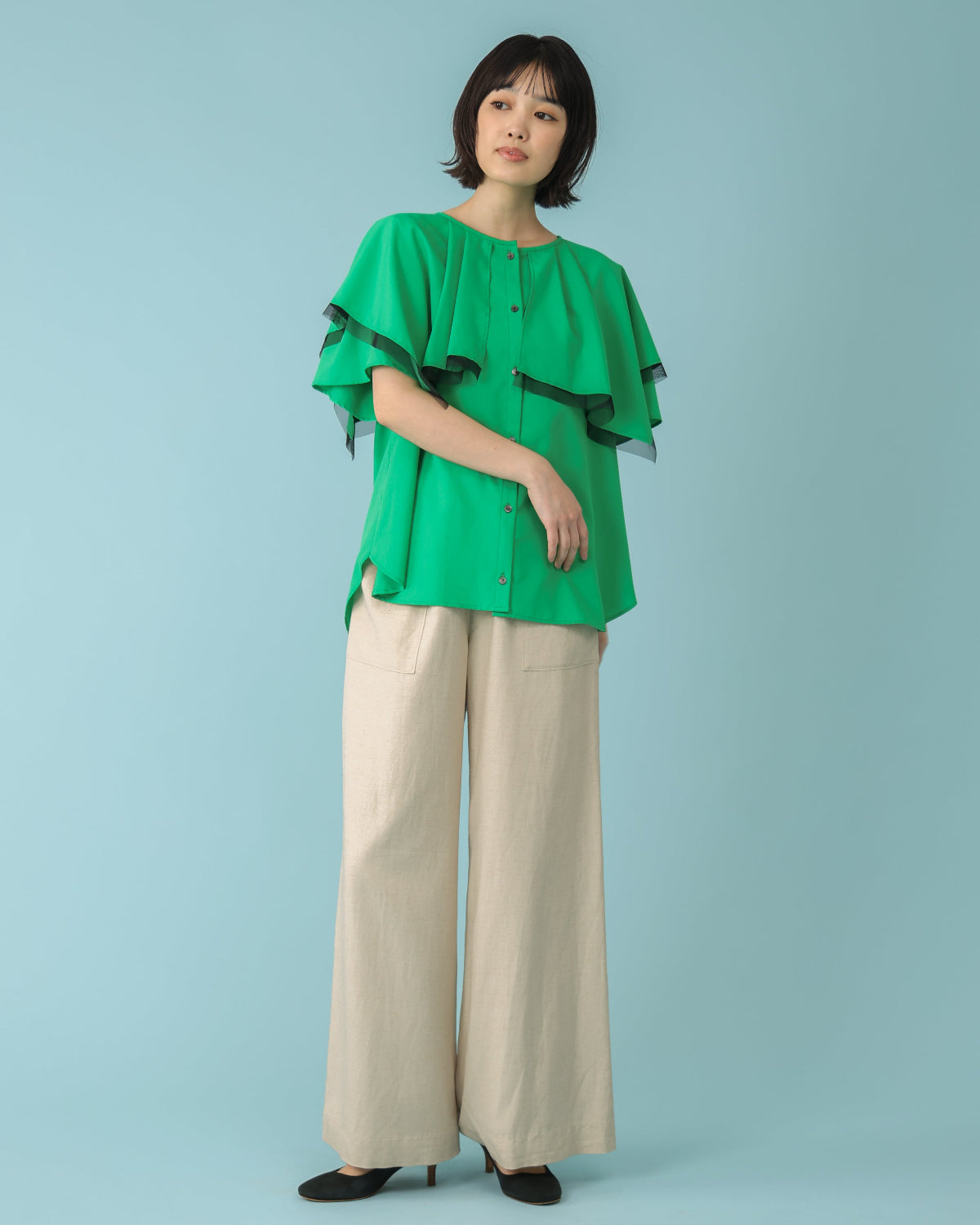 新品 BRILL raspail ブリル別注LOGロングTシャツ グリーン エアリークロス フリルブラウス（T261-81074） – trois