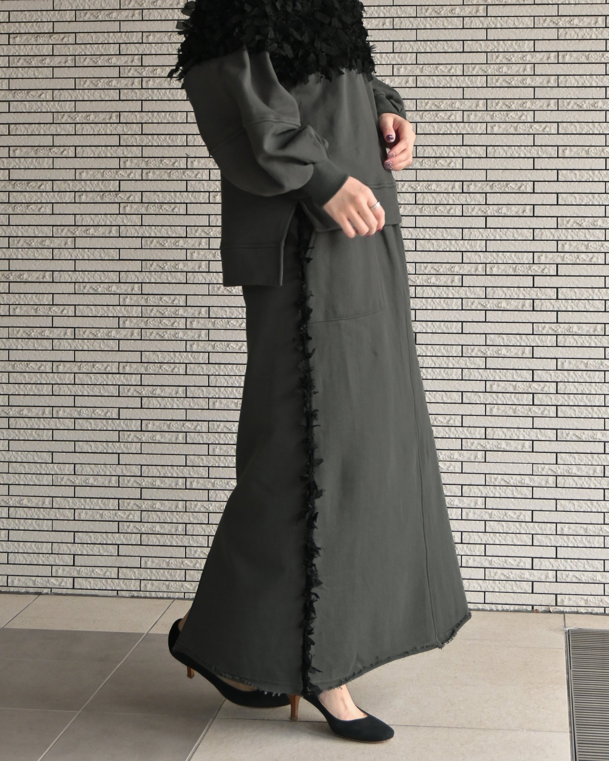 シフォンフリンジレース×裏毛 サイド切替ロングスカート（T261-86003